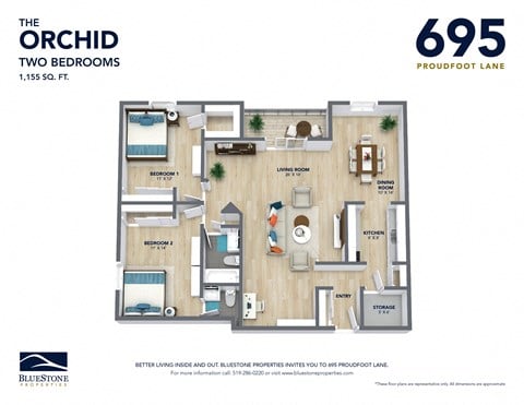 Floor plan for 2 beds, 1.5 baths, 1155 sqft